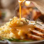 Rich homemade turkey gravy being poured from white gravy boat over mashed potatoes and sliced turkey