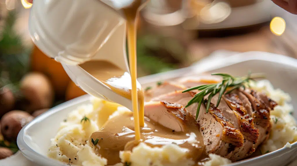 Rich homemade turkey gravy being poured from white gravy boat over mashed potatoes and sliced turkey