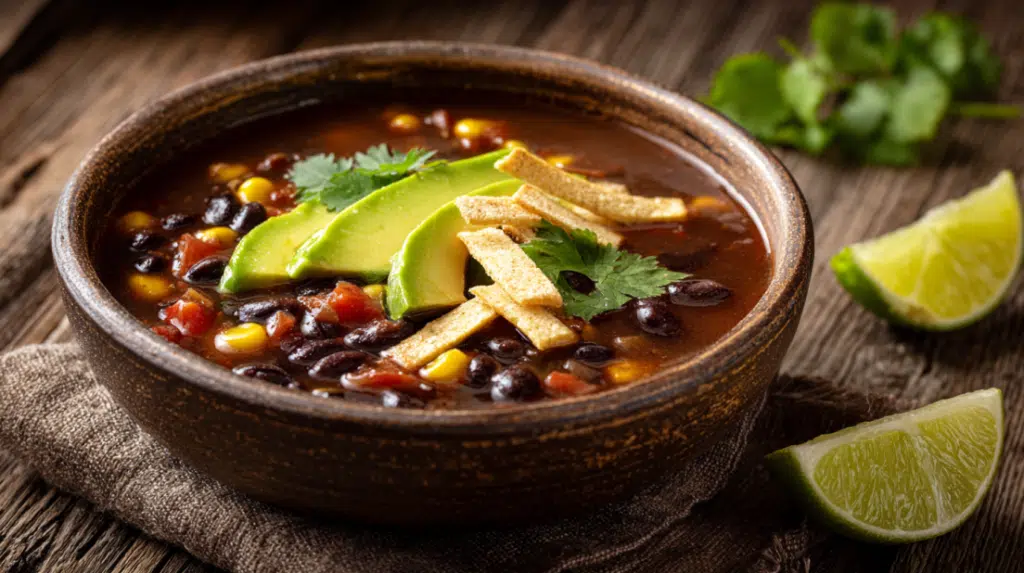 Southwest black bean soup in rustic ceramic bowl 