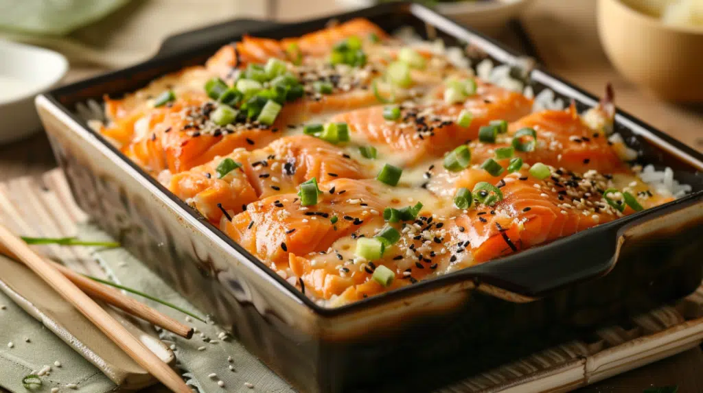 Spicy salmon sushi bake in square baking dish