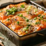 Spicy salmon sushi bake in square baking dish