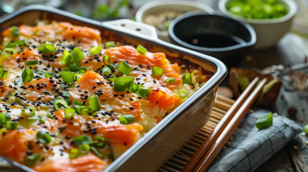 Spicy salmon sushi bake in square baking dish