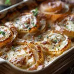Close-up of Tennessee Onions baked with sweet onion rings, melted cheddar, mozzarella, and parmesan cheese with paprika and herbs