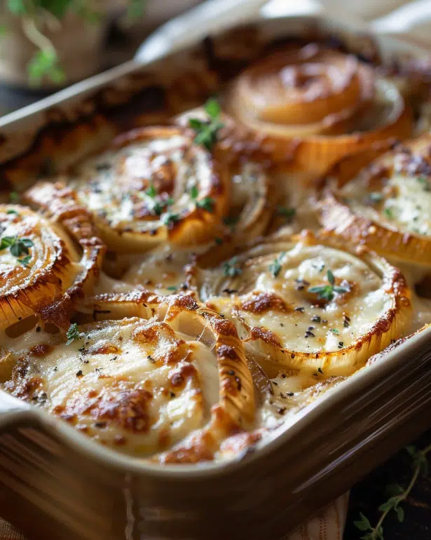 Close-up of Tennessee Onions baked with sweet onion rings, melted cheddar, mozzarella, and parmesan cheese with paprika and herbs