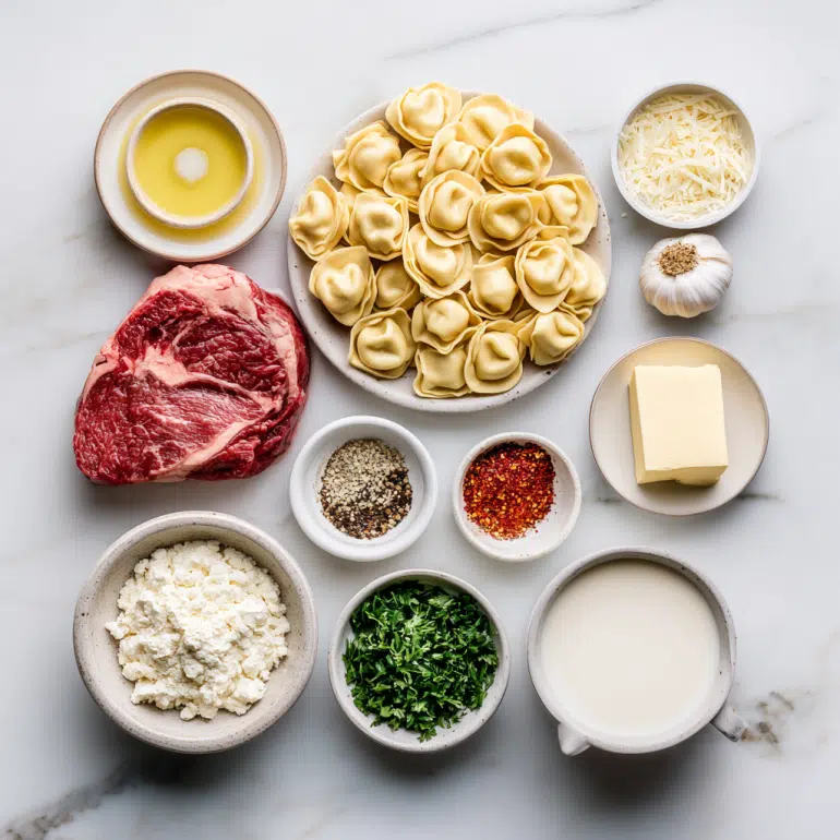 all ingredients for Cracked Garlic Steak Tortellini