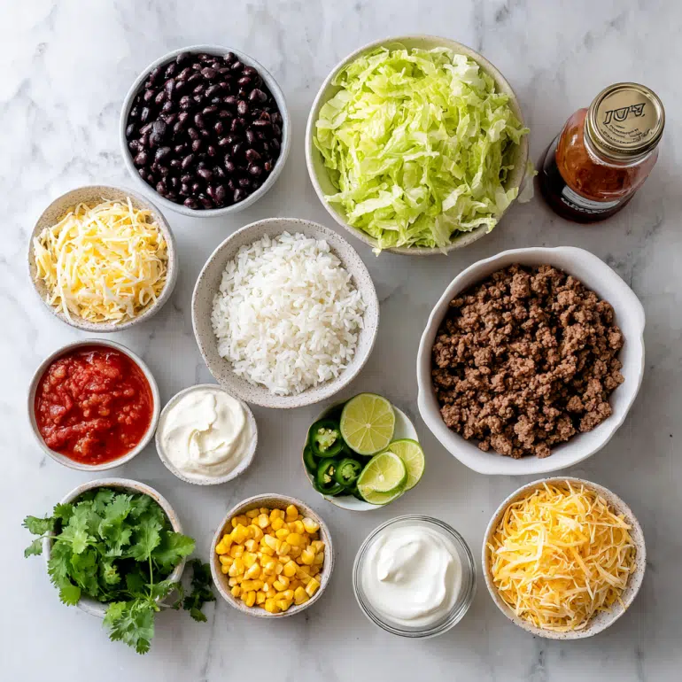 all ingredients for a Taco Rice Bowl