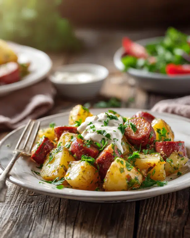 cheesy ranch potatoes and smoked sausage serving plate