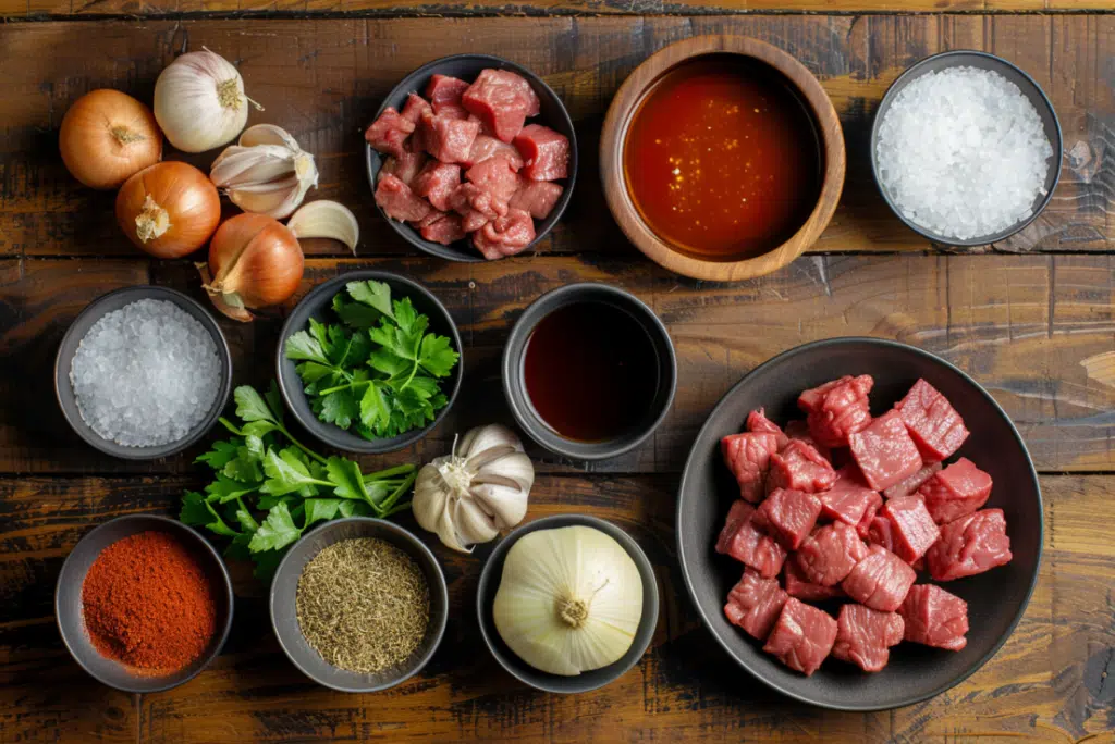 Flat lay of ingredients for Hungarian goulash including beef, onions, paprika, and beef broth.