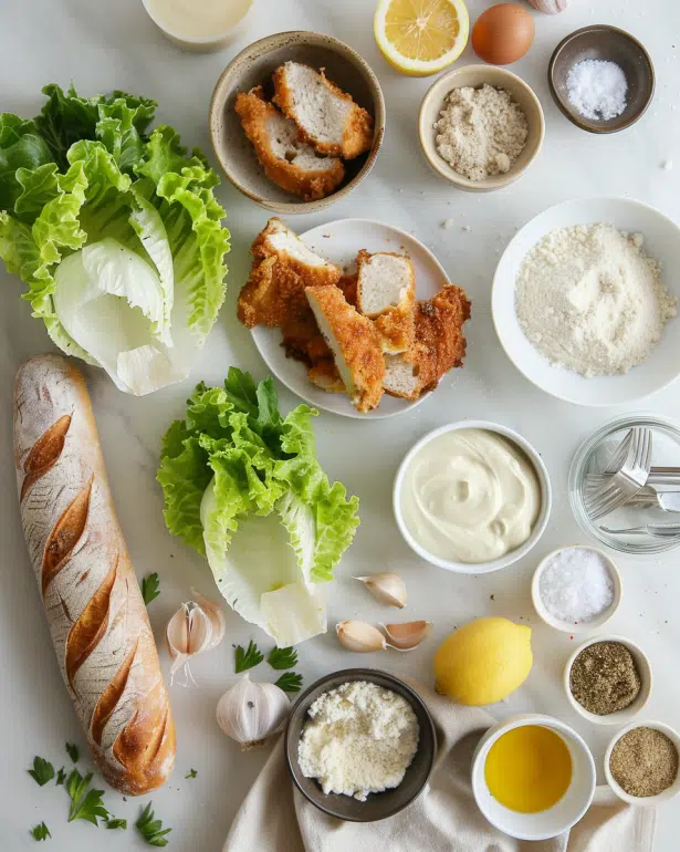 ingredients for a crispy chicken caesar sandwich
