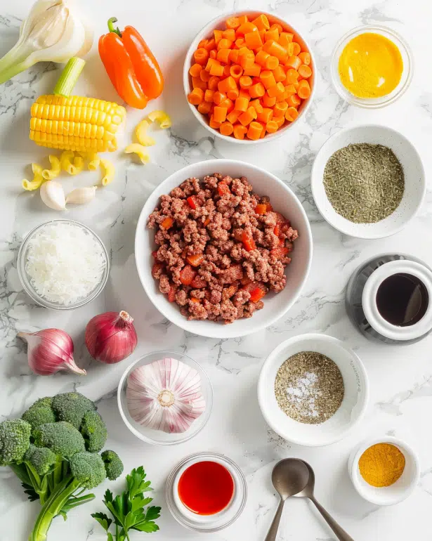 ingredients for beef and macaroni soup