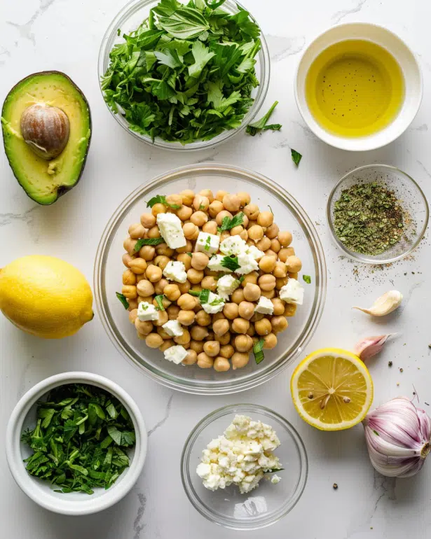 ingredients for chickpea feta avocado salad