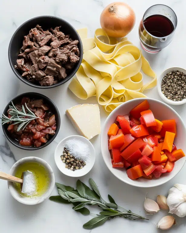 ingredients for pappardelle with beef ragu