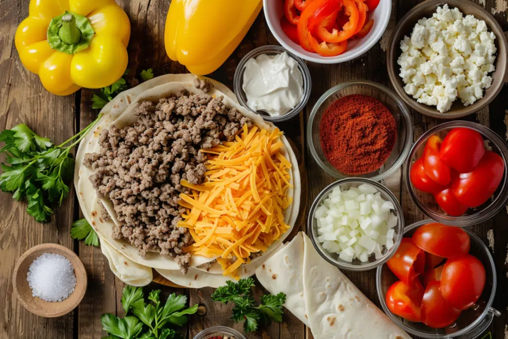 Flat lay of keto Philly cheesesteak roll ingredients including ground beef, peppers, and cheese.