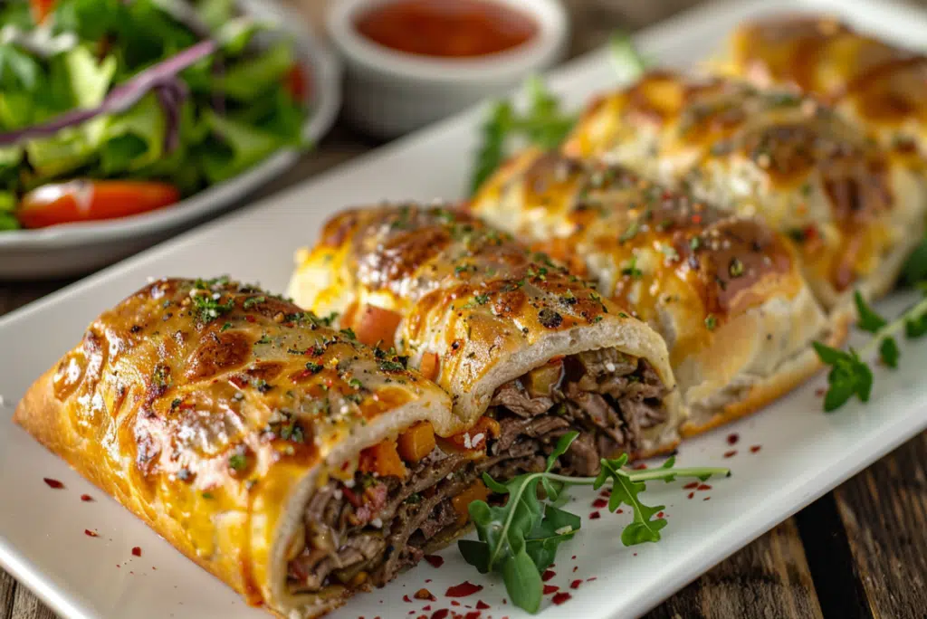 Sliced keto Philly cheesesteak rolls with salad and dipping sauce on a plate.