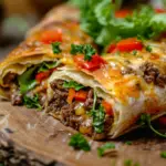 Keto Philly Cheesesteak Rolls sliced open with melted cheese and beef filling on a rustic board.