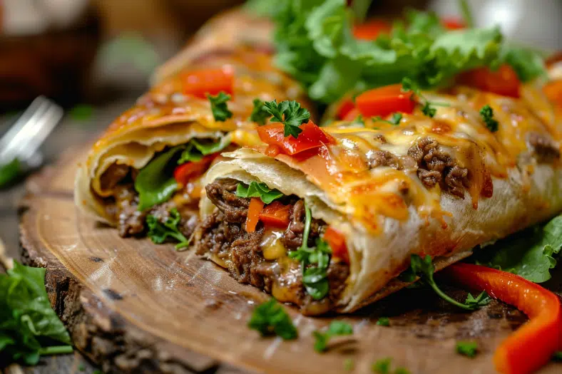 Keto Philly Cheesesteak Rolls sliced open with melted cheese and beef filling on a rustic board.