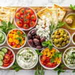Flat lay of colorful Mediterranean ingredients ready to assemble brunch board
