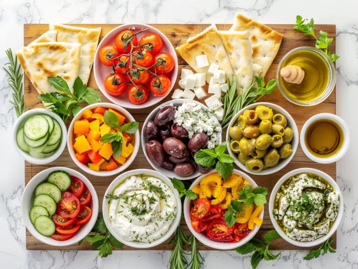 Flat lay of colorful Mediterranean ingredients ready to assemble brunch board