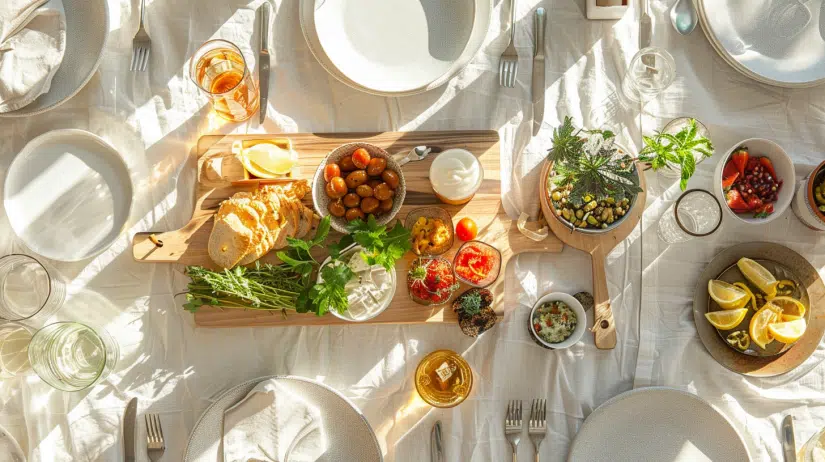 Mediterranean brunch board served on a sunny brunch table with drinks