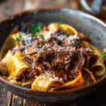 pappardelle pasta topped with rich beef ragu