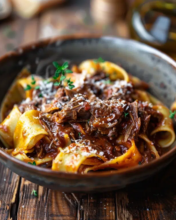 pappardelle pasta topped with rich beef ragu