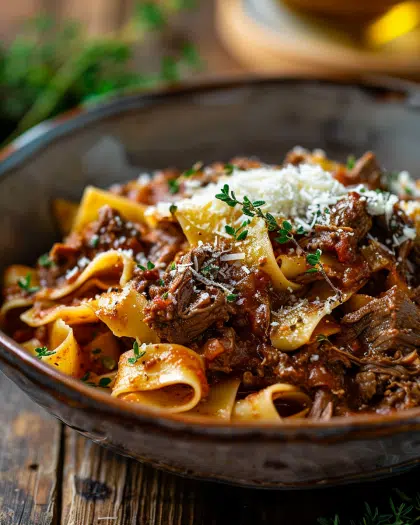 pappardelle pasta topped with rich beef ragu