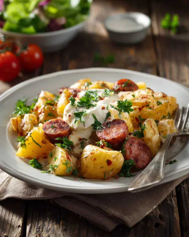 plate with cheesy ranch potatoes and smoked sausage