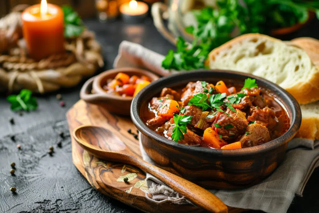 Bowl of Hungarian goulash served with bread and parsley garnish on a rustic table.