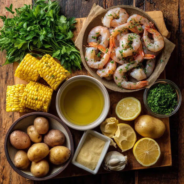 Flat lay of shrimp boil foil packet ingredients on a rustic wooden table.