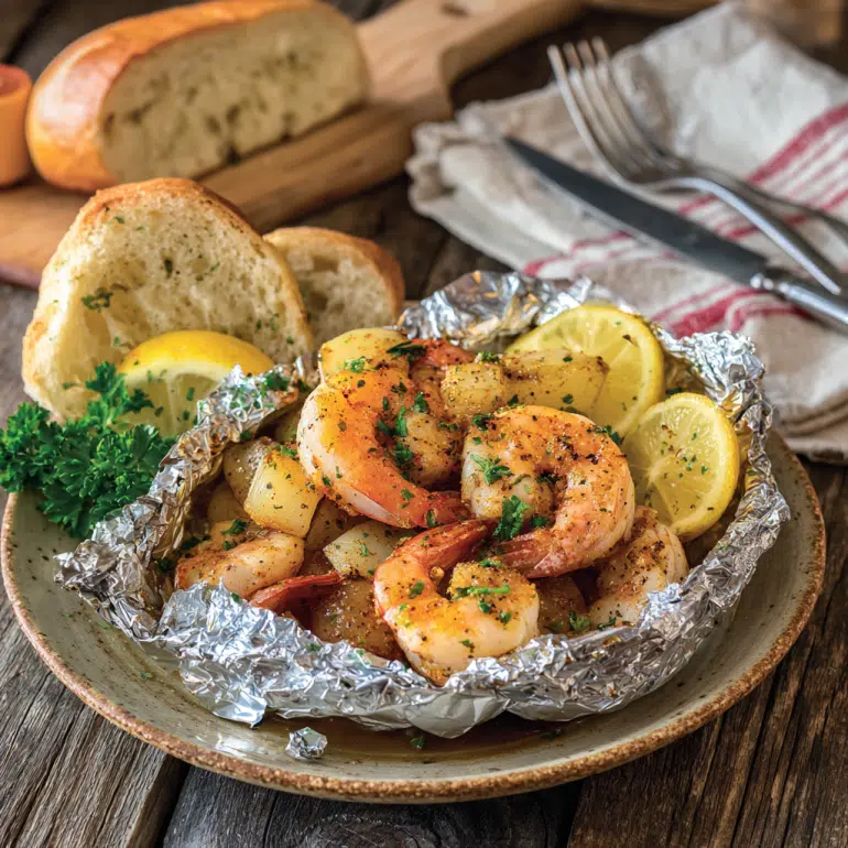 Shrimp boil foil packet served with bread and lemon wedges on a rustic plate.