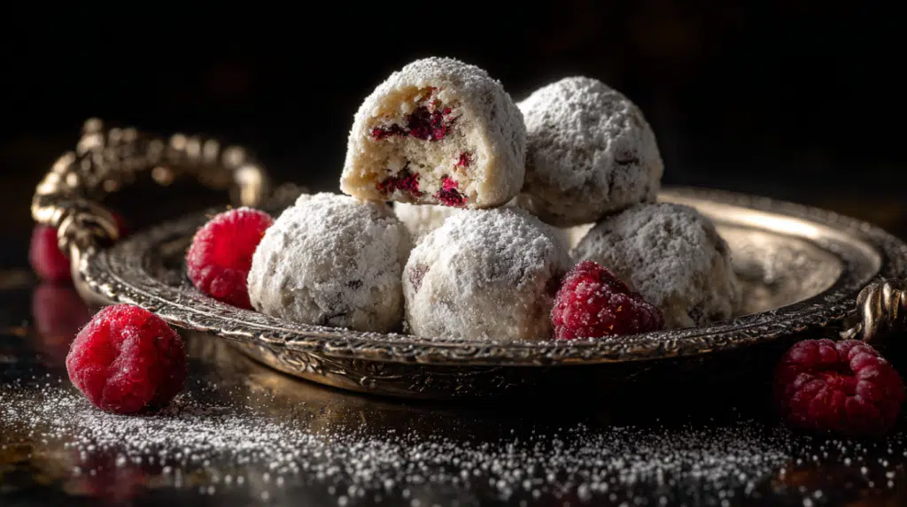 Raspberry Almond Snowball Cookies