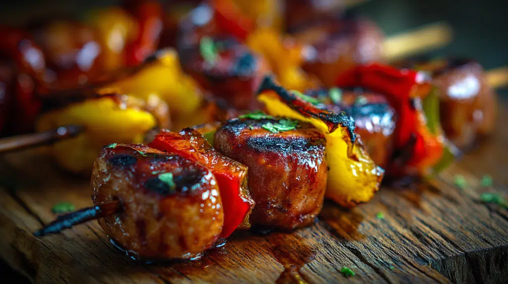 Sizzling grilled Bratwurst kabobs
