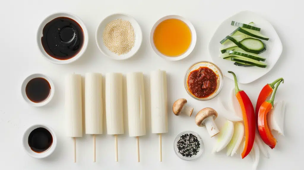 ingredients for Korean Spicy Rice Cake Skewers (Tteok Kkochi)
