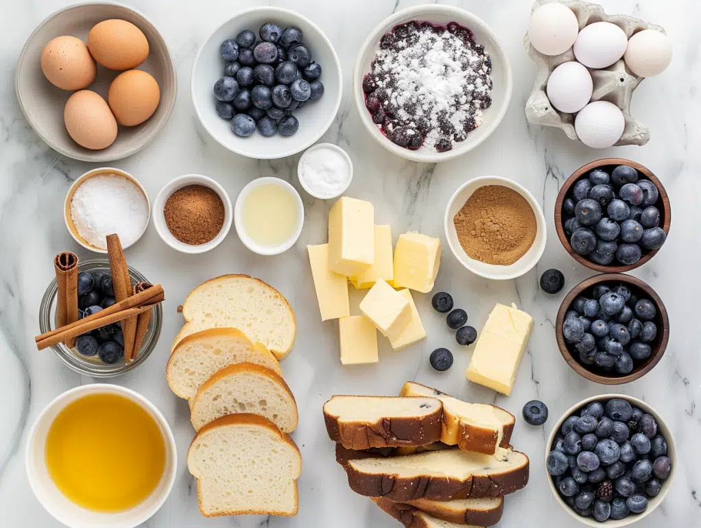 ingredients for a Blueberry French Toast Casserole