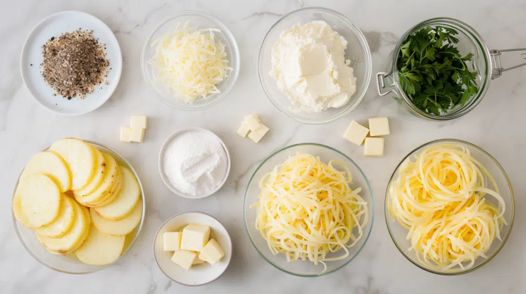 ingredients for three-cheese au gratin potatoes