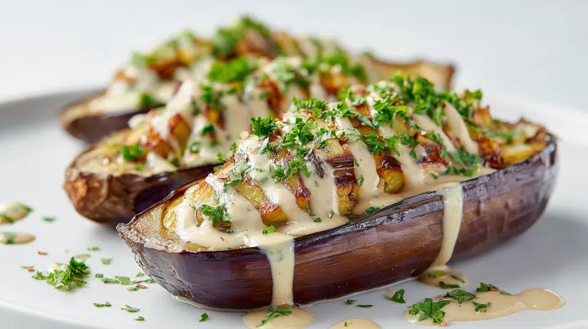 Stuffed Eggplant with Garlic Tahini Sauce