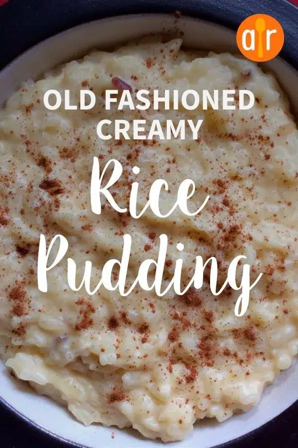 Bowl of old fashioned creamy rice pudding topped with cinnamon and raisins