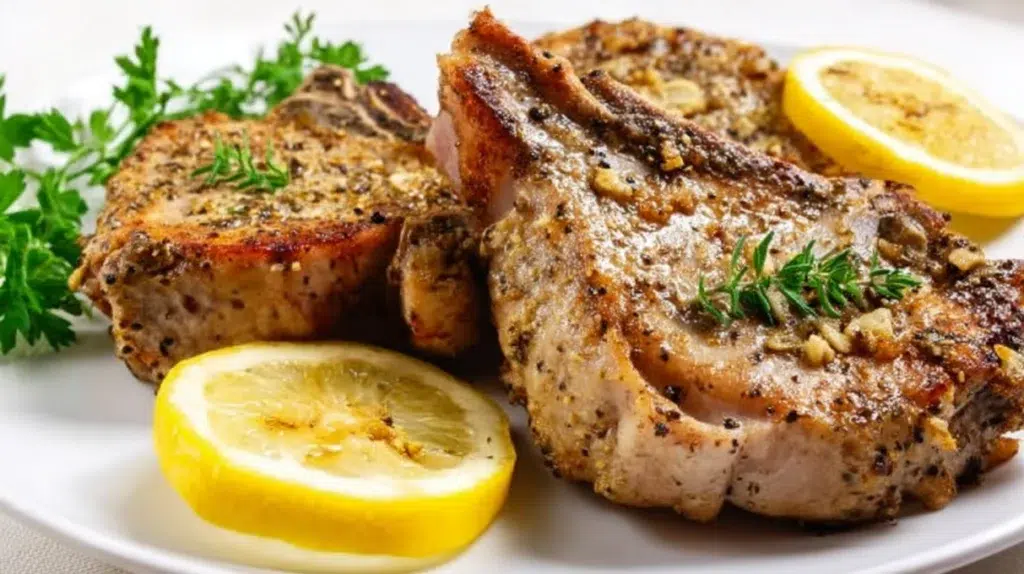 Baked lemon pepper pork chops with a golden crust served with fresh lemon slices and herbs