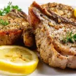 Baked lemon pepper pork chops with a golden crust served with fresh lemon slices and herbs