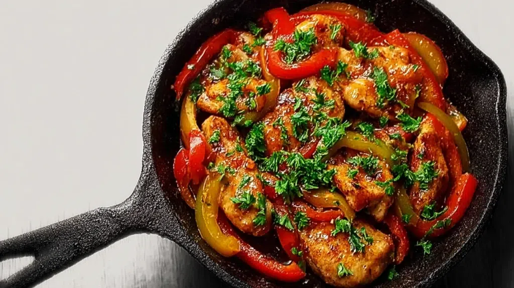 Juicy chicken cooked in a banana pepper skillet with garlic, herbs, and savory sauce