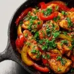 Juicy chicken cooked in a banana pepper skillet with garlic, herbs, and savory sauce