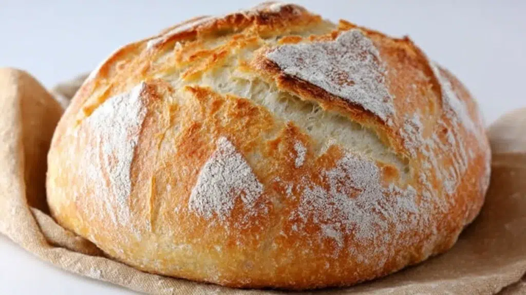 Rustic basic sourdough bread loaf with a golden crust and airy crumb, freshly baked and sliced