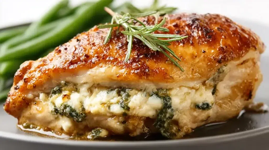Boursin stuffed chicken breast filled with creamy garlic herb cheese and baked until juicy and golden