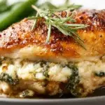 Boursin stuffed chicken breast filled with creamy garlic herb cheese and baked until juicy and golden