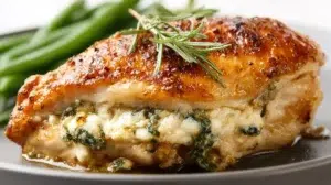 Boursin stuffed chicken breast filled with creamy garlic herb cheese and baked until juicy and golden