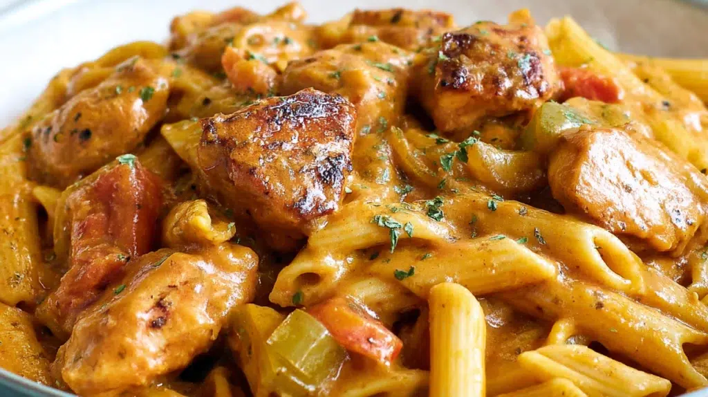 Creamy Cajun chicken pasta with sliced seasoned chicken, penne pasta, and a rich spicy cream sauce