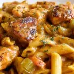 Creamy Cajun chicken pasta with sliced seasoned chicken, penne pasta, and a rich spicy cream sauce