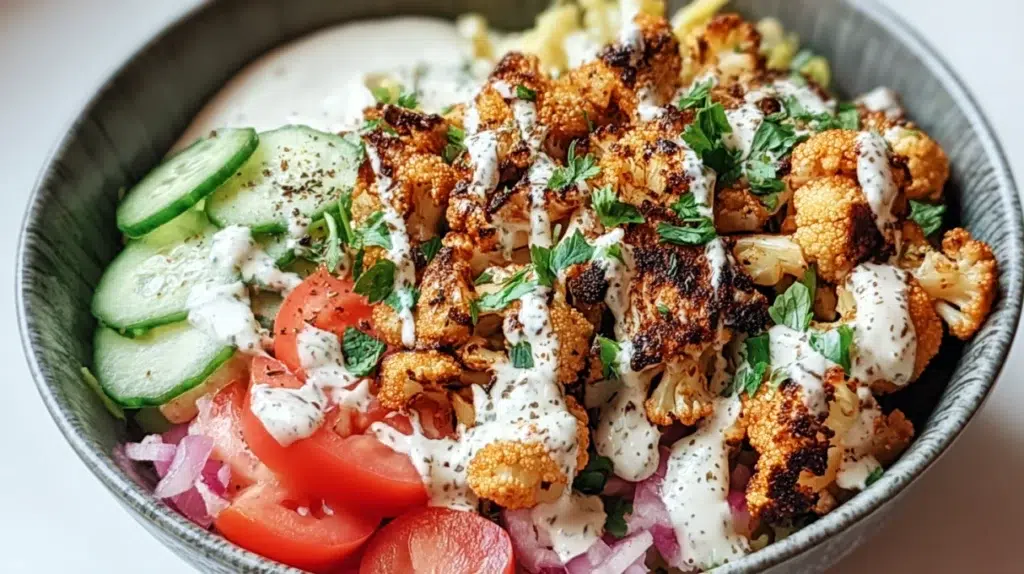 Cauliflower shawarma bowl with roasted spiced cauliflower, rice, fresh vegetables, and creamy tahini sauce