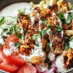 Cauliflower shawarma bowl with roasted spiced cauliflower, rice, fresh vegetables, and creamy tahini sauce