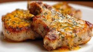 Juicy cheddar ranch pork chops baked with melted cheese and ranch seasoning